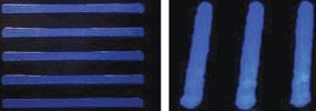 Figure 4. Sample coating patterns using non-atomised (left) and atomised (right) coating techniques
